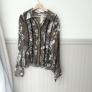 Vintage Kaelyn Max XL Brown White Floral Button-Down Long Sleeve Shirt